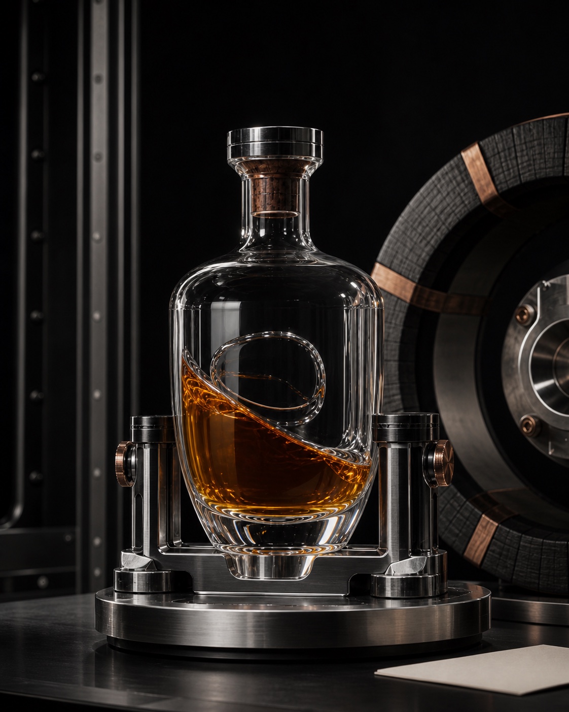 The Flight One decanter mounted in its steel cradle beside a charred-oak ring